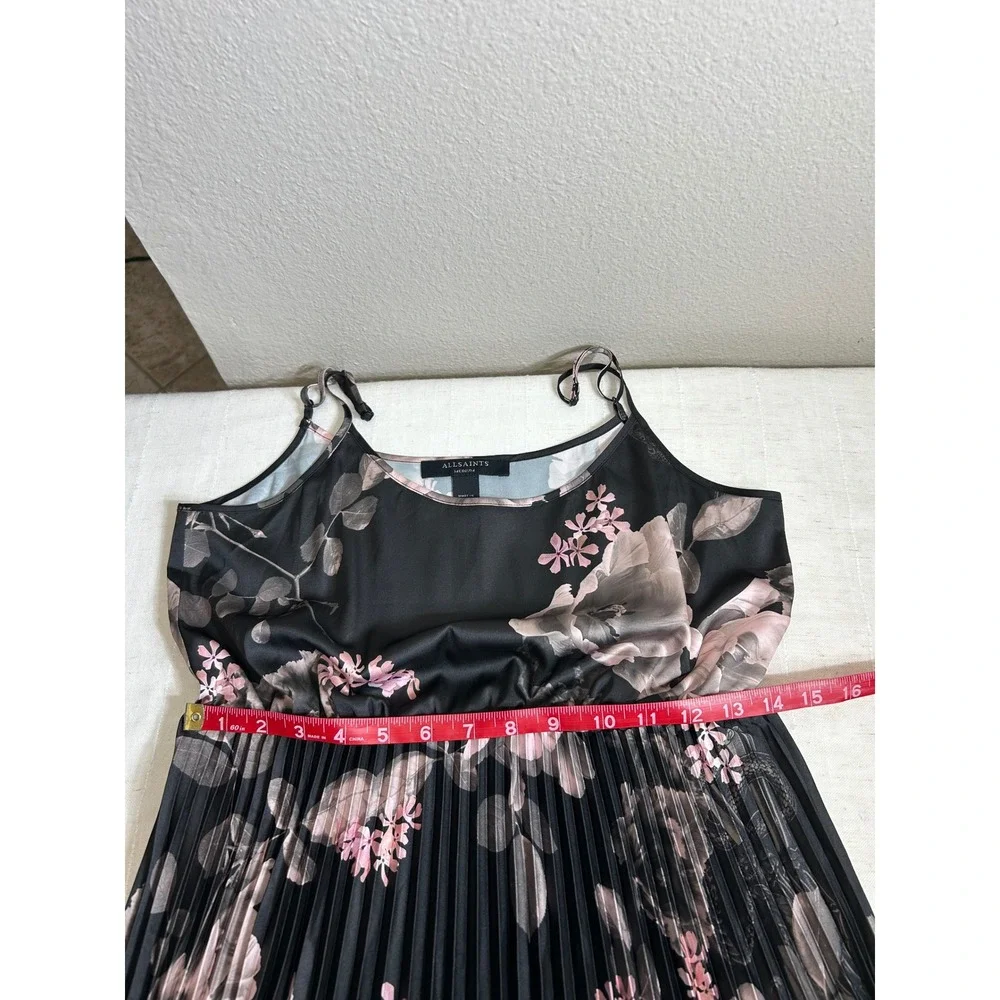 AllSaints Leowa Gia Black Pink Floral Pleated Midi Romantic Moody Slip Dress M - Picture 11 of 12